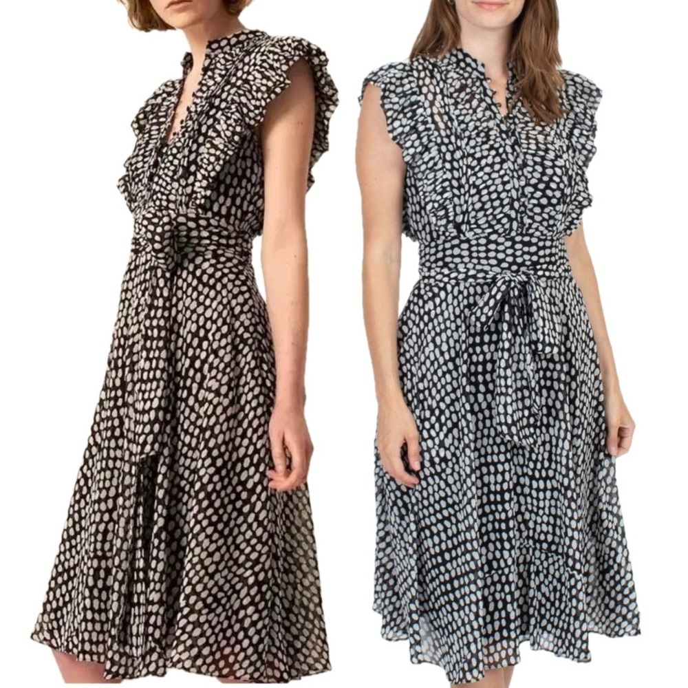 Club Monaco Black White Saffra Polka Dot Ruffle Sleeveless Belted Midi Dress